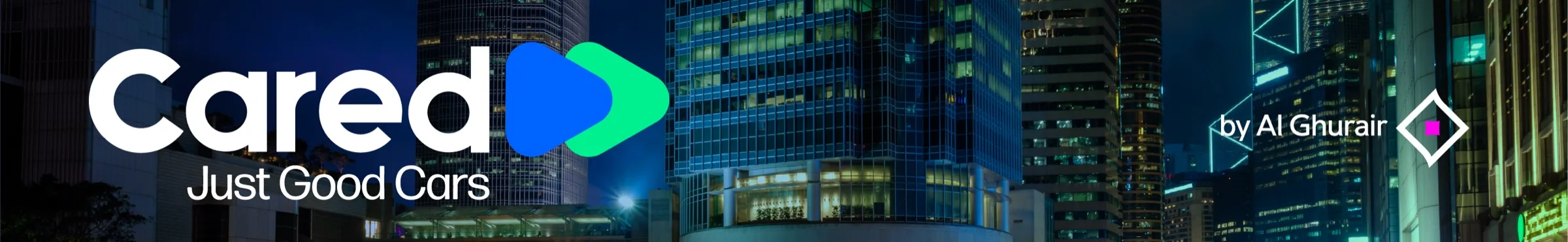 Cared — Just Good Cars, by Al Ghurair — brand banner over a night city skyline