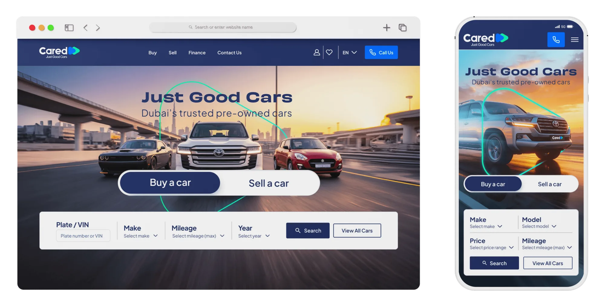 The new Cared “Just Good Cars” website shown on desktop and mobile — a navy storefront with a car search and “Buy a car / Sell a car” toggle.