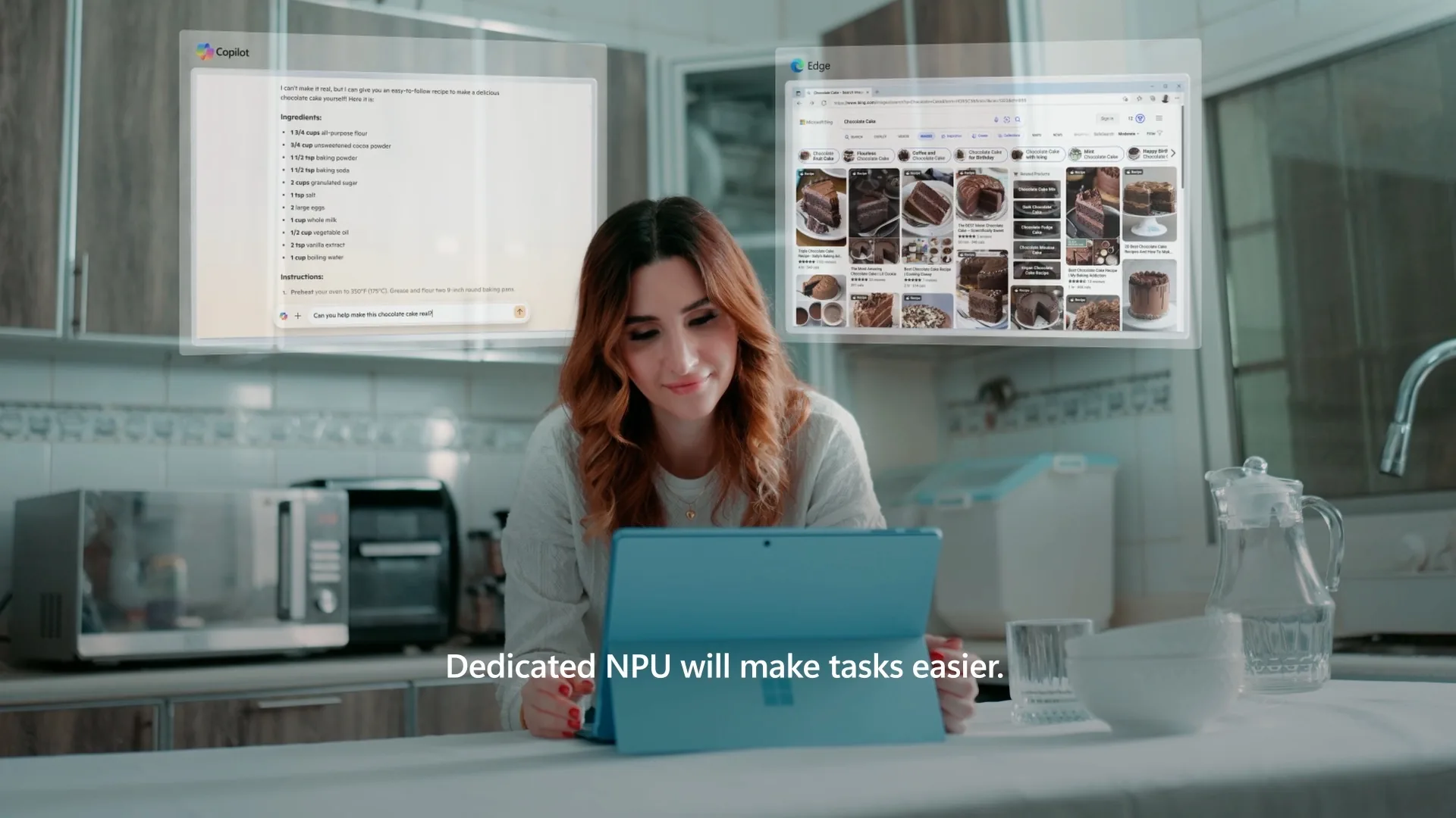 A woman follows a Copilot-generated chocolate-cake recipe on a Surface in her kitchen