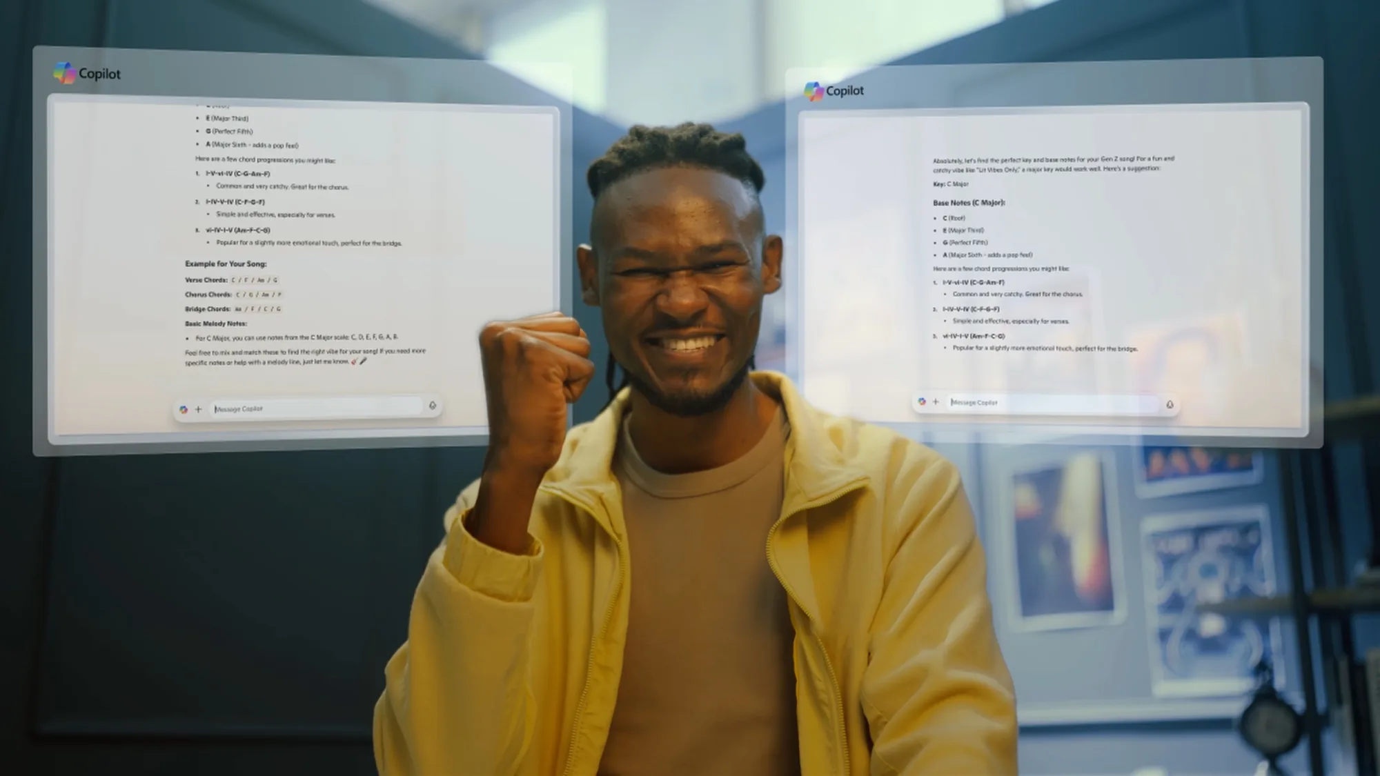 A young creator celebrates as Microsoft Copilot suggests chords for his song on a Surface Copilot+PC