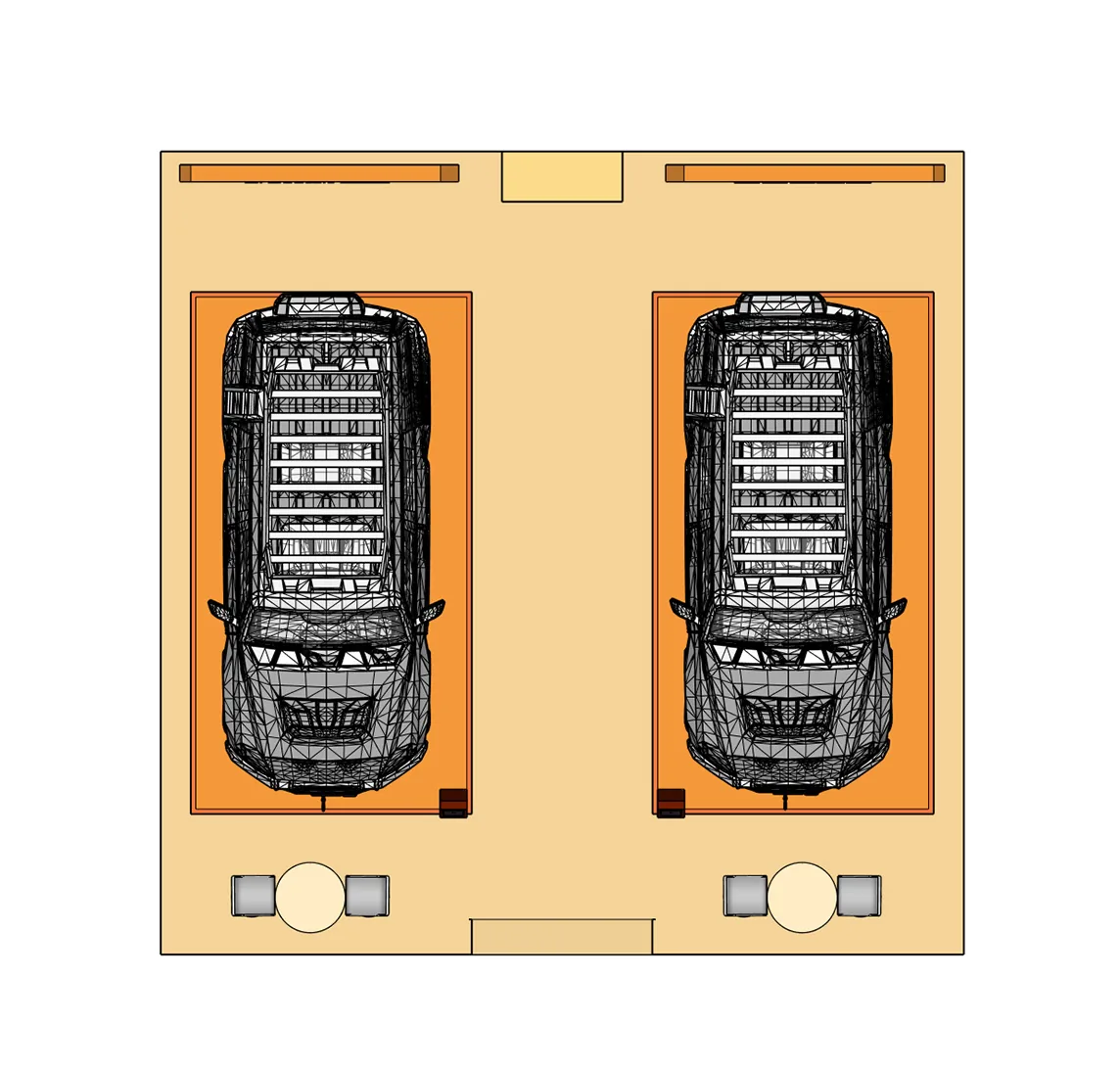 Design render: overhead plan of the MHERO stand, both vehicles on their display pads within the booth footprint.