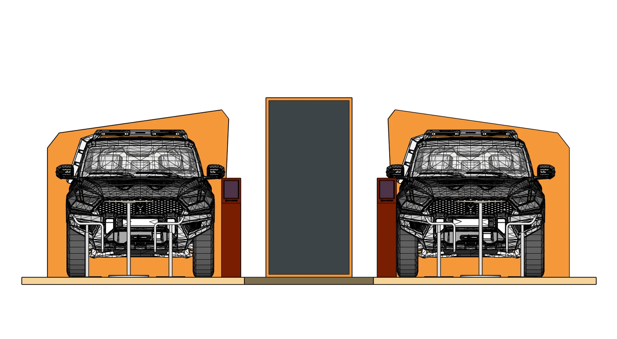 Design render: front elevation of the MHERO mall stand, the two vehicles on angular gold plinths flanking a central screen.