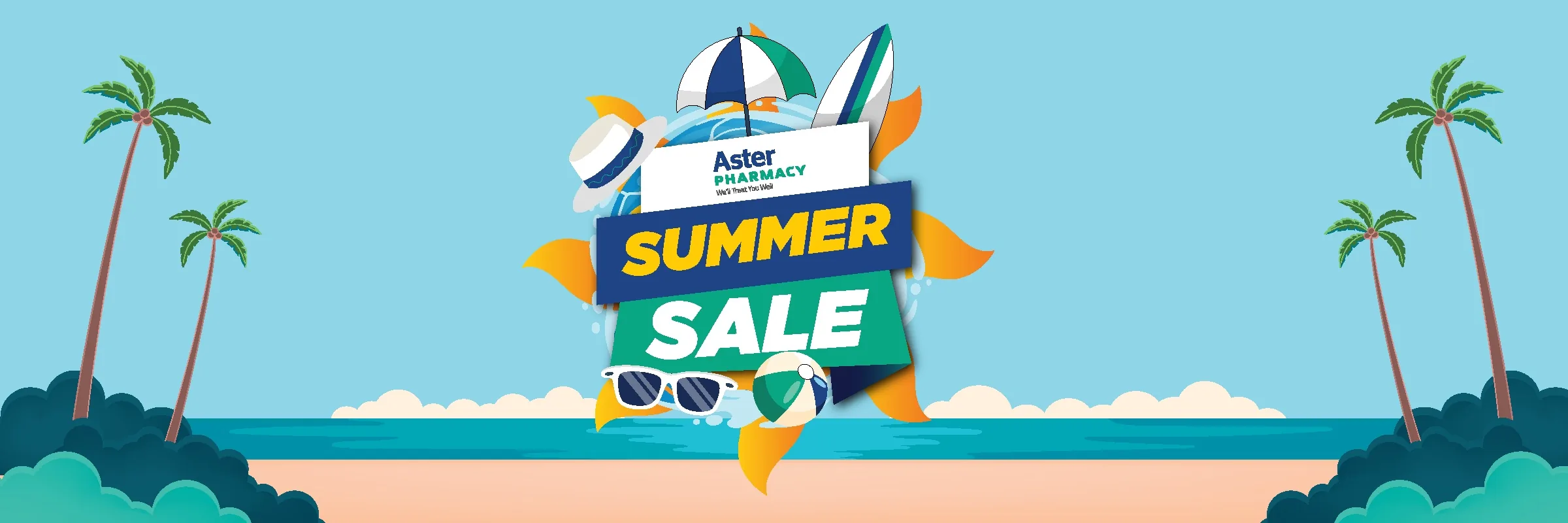 Aster Pharmacy Summer Sale key art — a beach scene with palm trees, a sun, and the ‘Summer Sale’ lockup