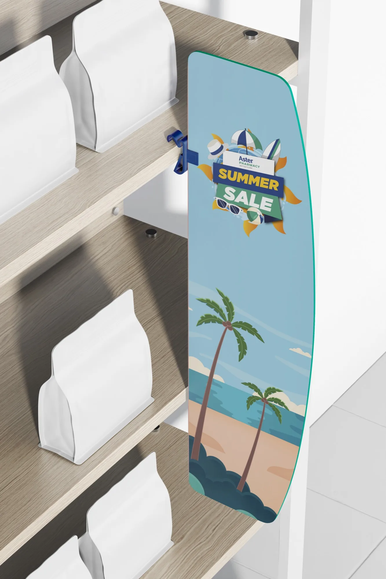 Surfboard-shaped Summer Sale shelf talker clipped to a store shelf