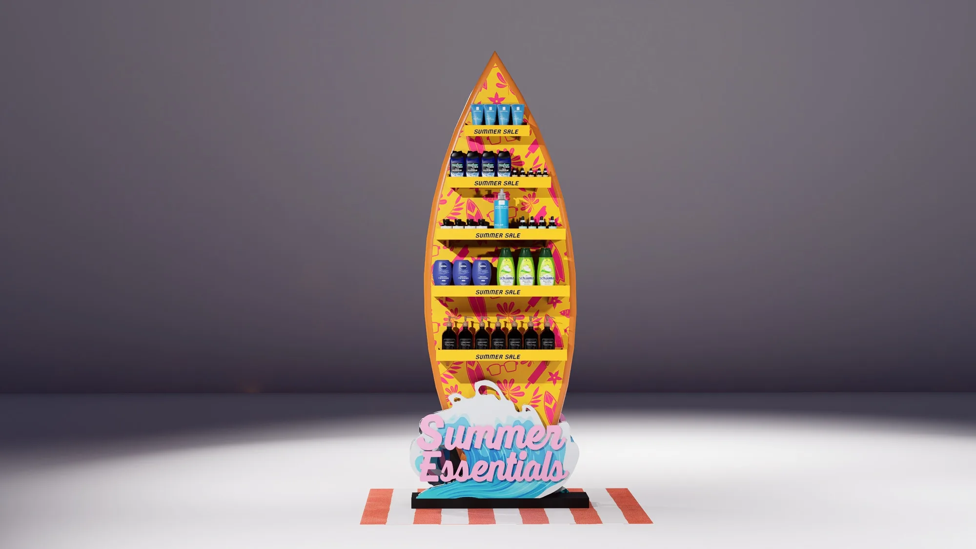 Summer Essentials surfboard display unit, front on — five tiers of stock under a tropical print