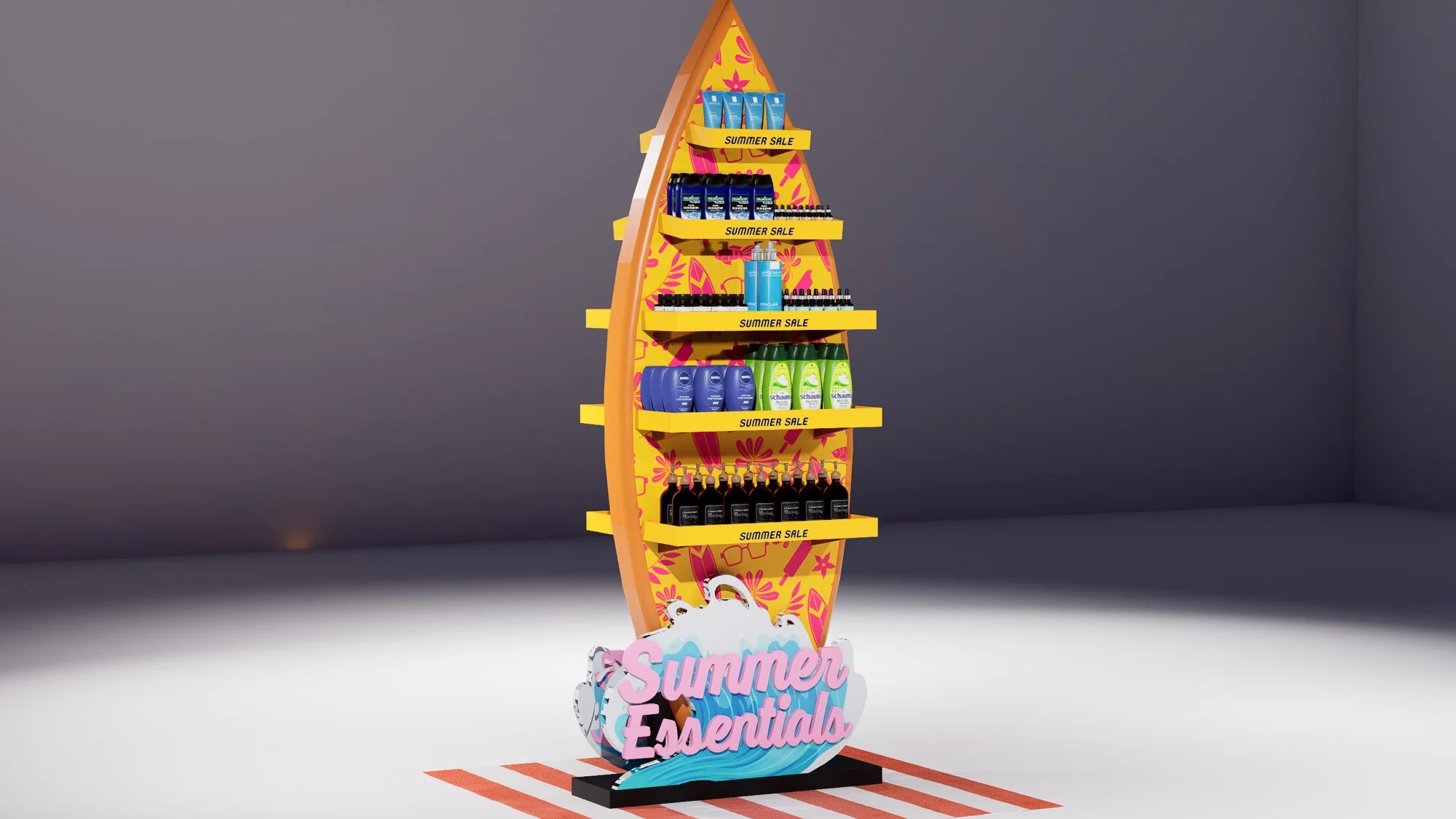Summer Essentials surfboard display unit at a three-quarter angle
