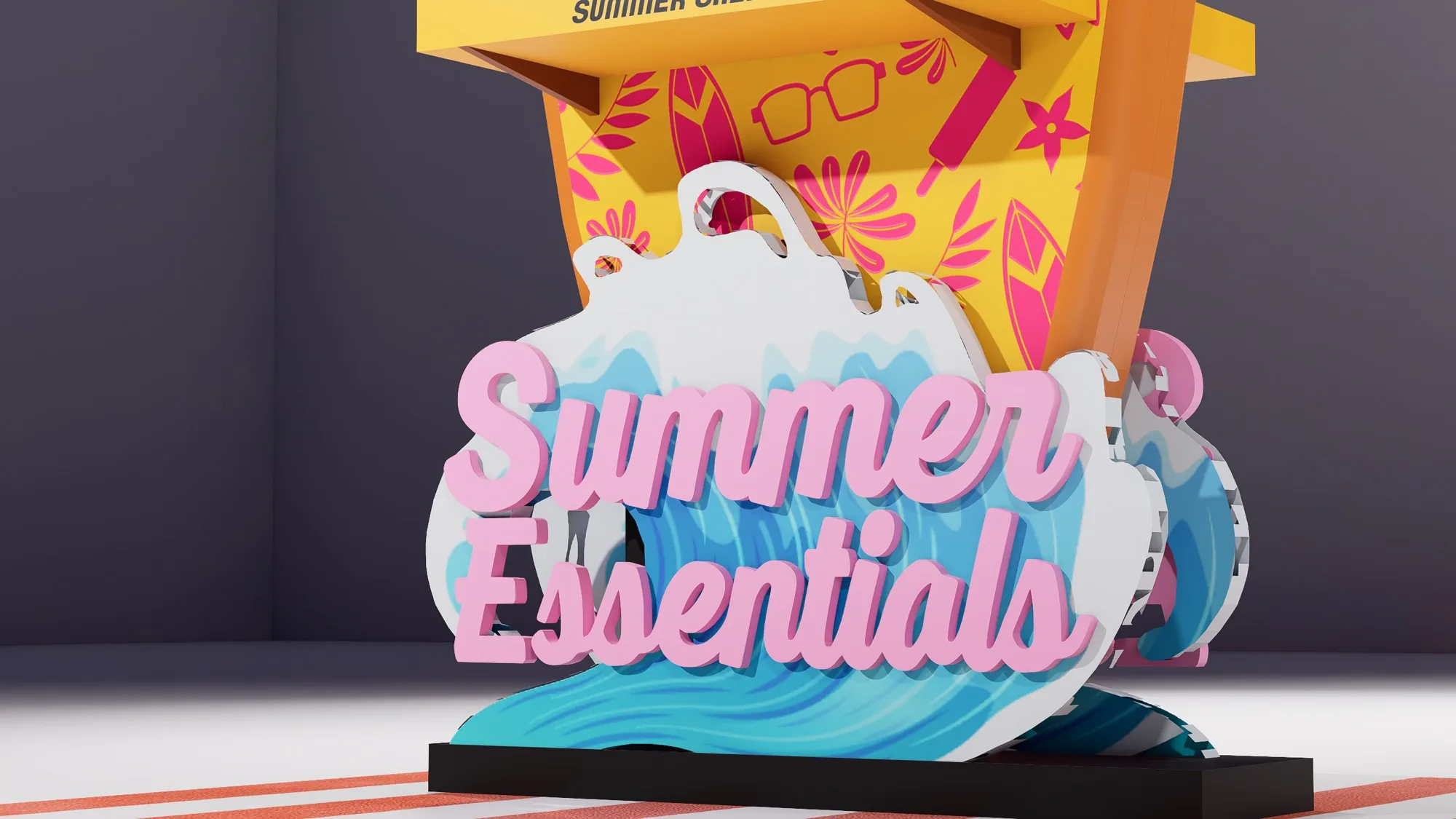 Detail of the Summer Essentials surfboard display and its wave-shaped base sign