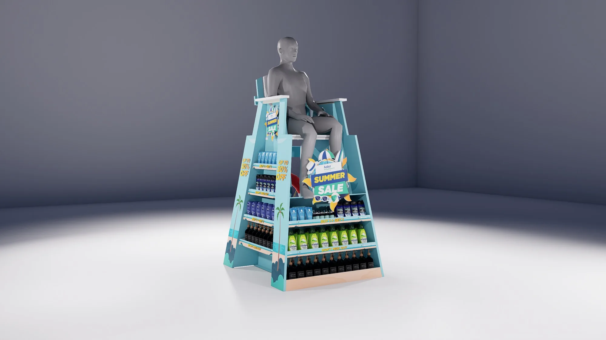 Lifeguard-tower Summer Sale display with a scale figure seated on top
