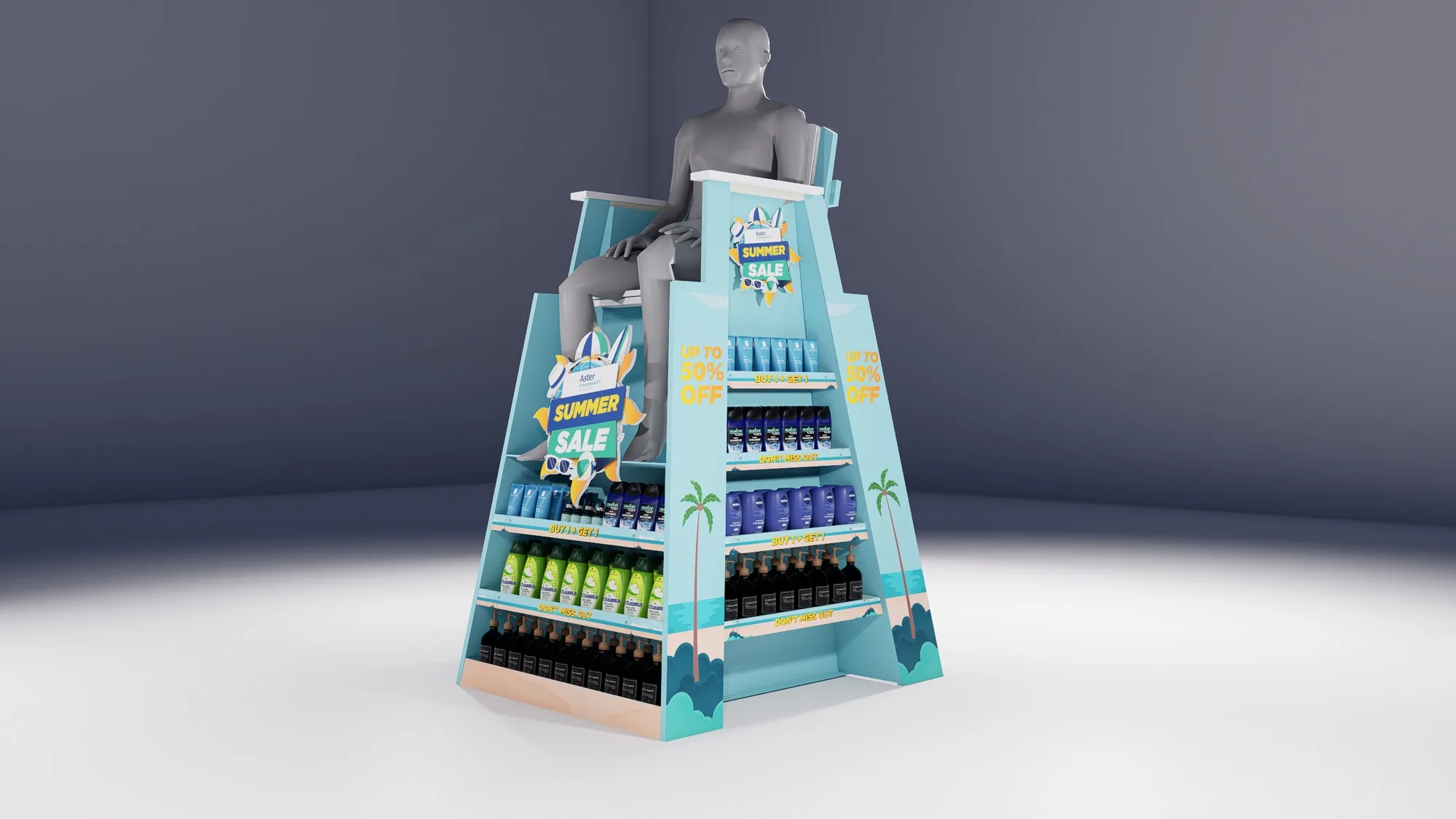 Lifeguard-tower display, angled view of the stocked shelves and promo flags