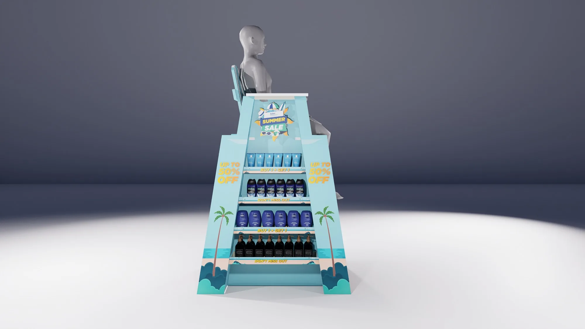 Lifeguard-tower display, front view with the Summer Sale beacon sign