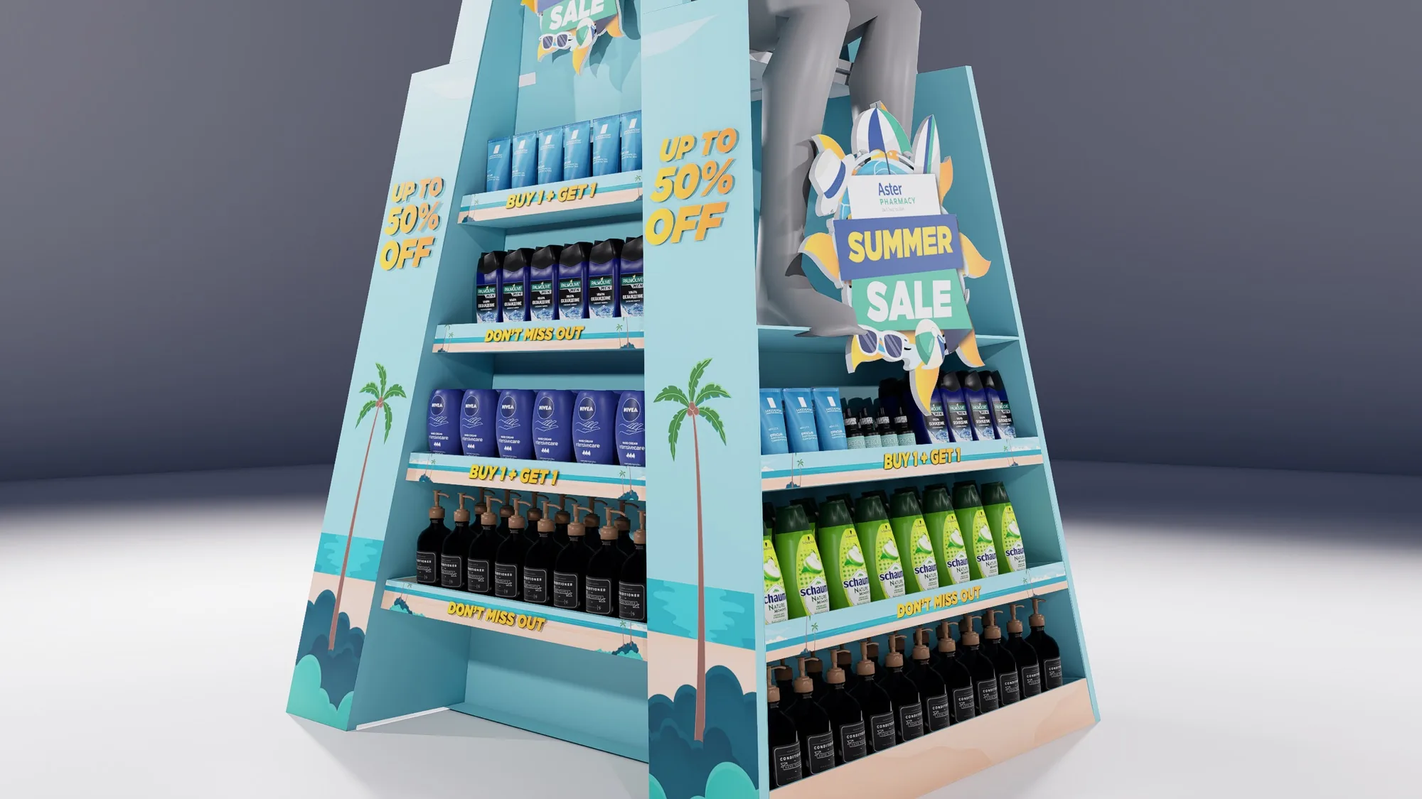 Lifeguard-tower display, close view of the ‘Up to 50% Off’ flag and shelves